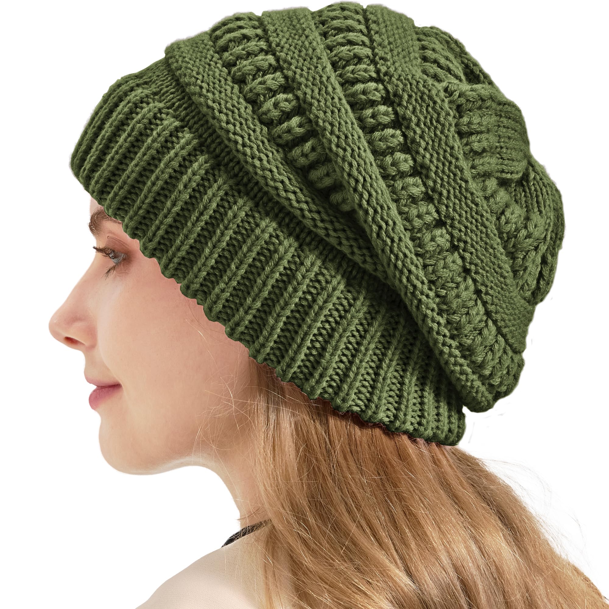 Cable Knit Slouchy Beanie for Women, Wool Winter Warm Womens Beanies, Trendy Oversized Slouch Hat Skull Ski Cap Hats